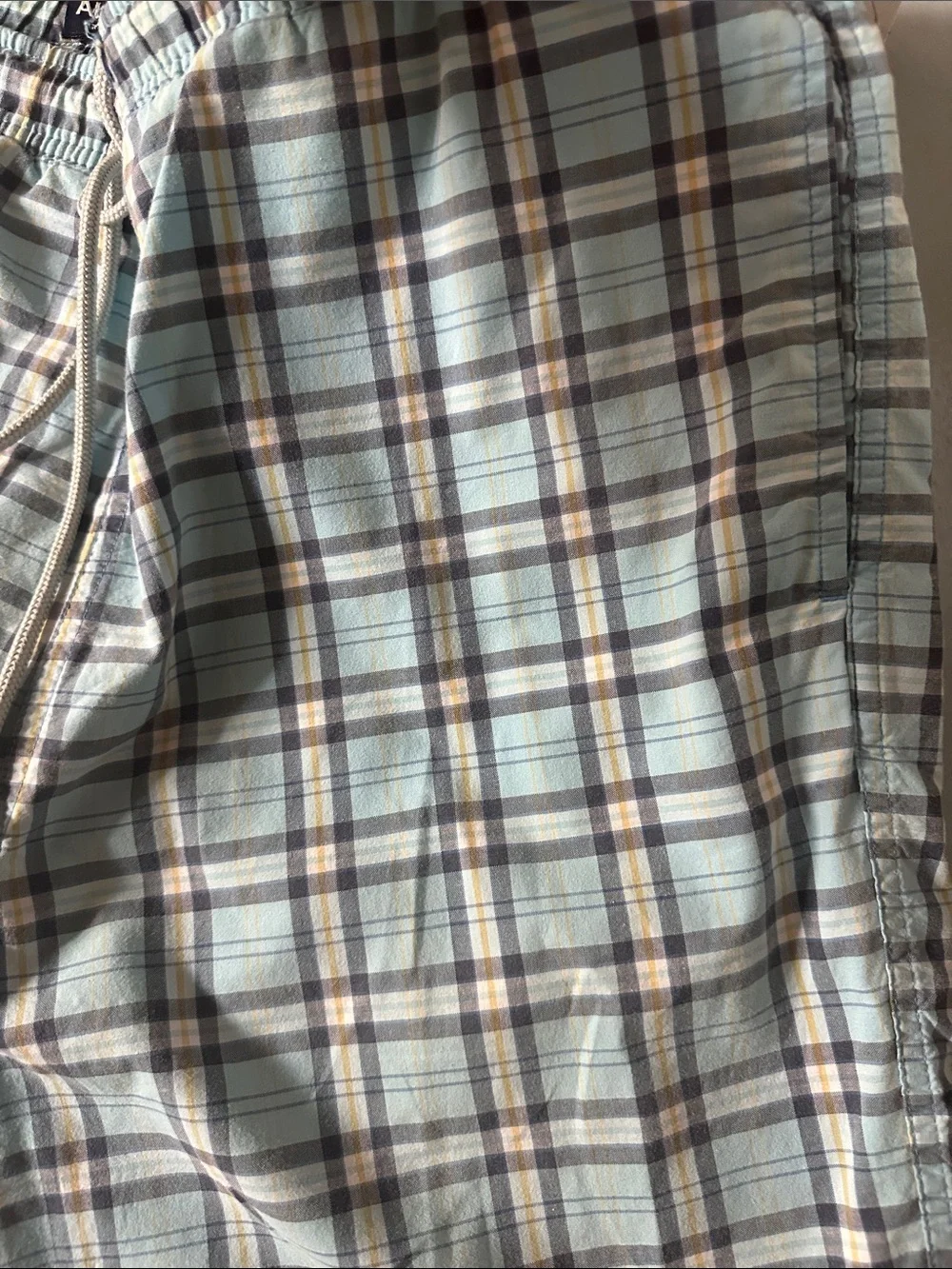 Abercrombie & Fitch Y2K Light Blue and Navy Plaid Swim Trunks M 2000s Preppy